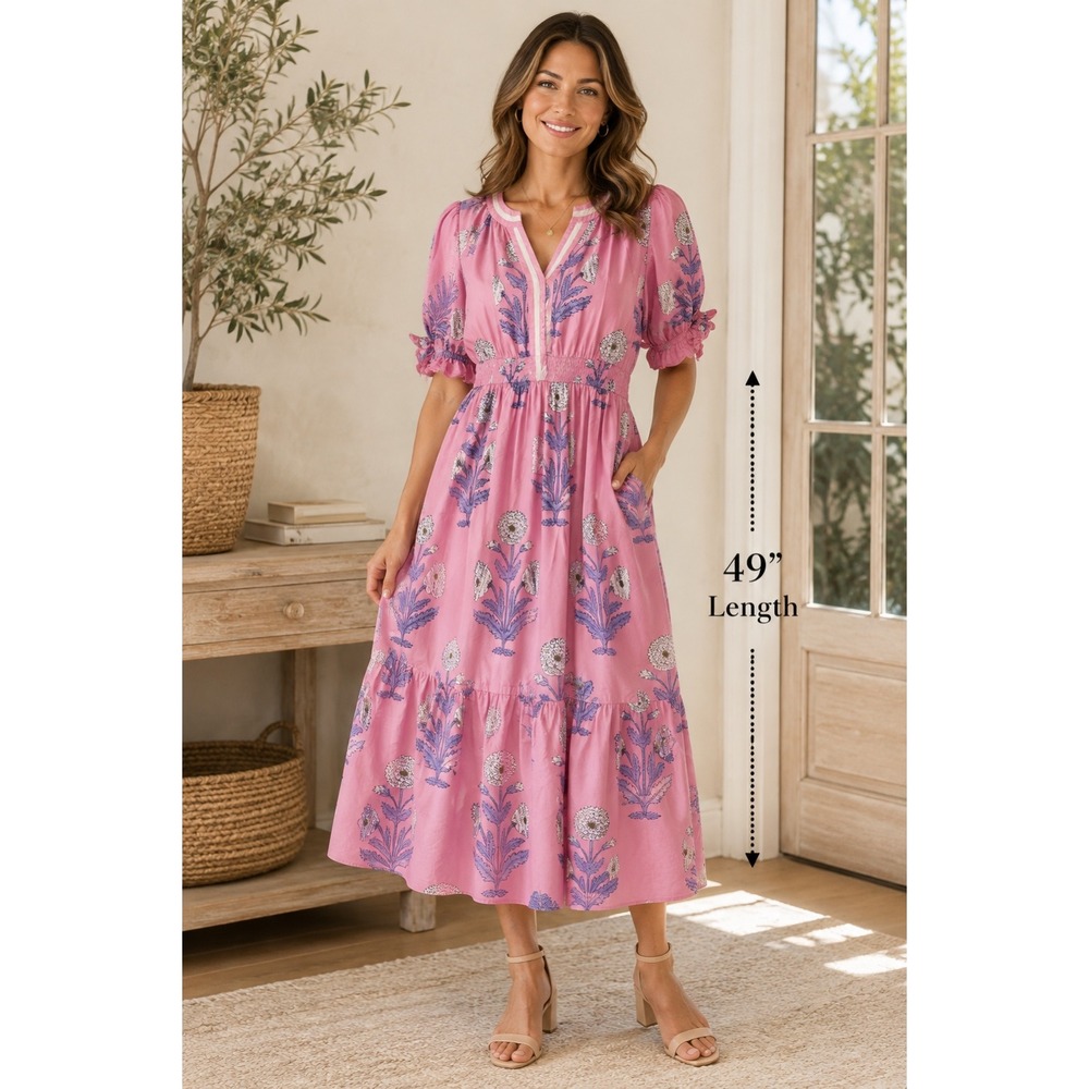 Umgee Pink Floral Smocked Waist Midi Dress Puff Sleeves Boho Cottagecore S